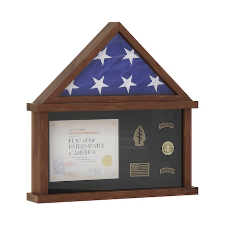 Flash Furniture Quincy Flag and Certificate Display Case, Solid Pine Wood, Fits 9x5 Folded Burial Flag, Dark Brown HMHD-22M192Y-RSTBRN-GG